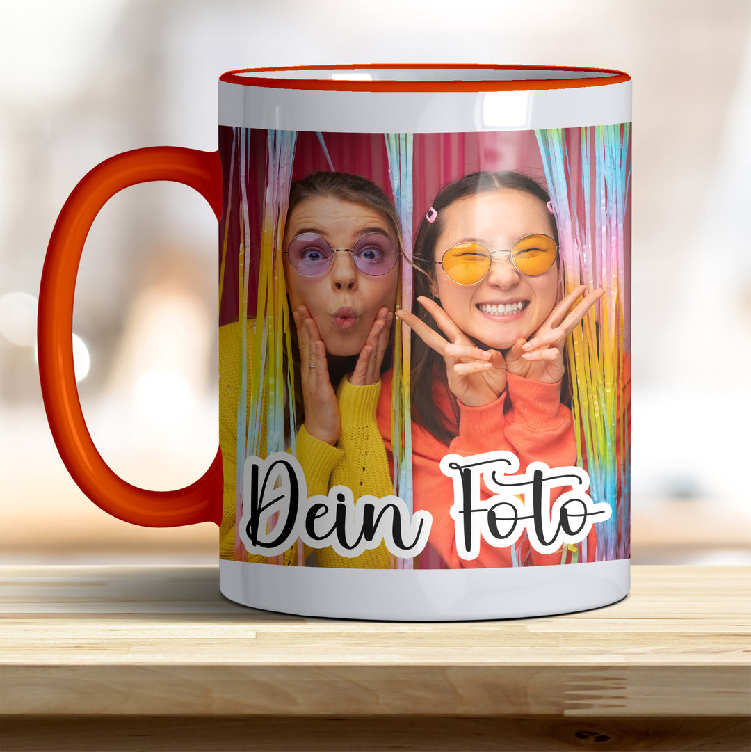 Personalisierbare Fototasse mit farbigem Henkel und Rand - orange