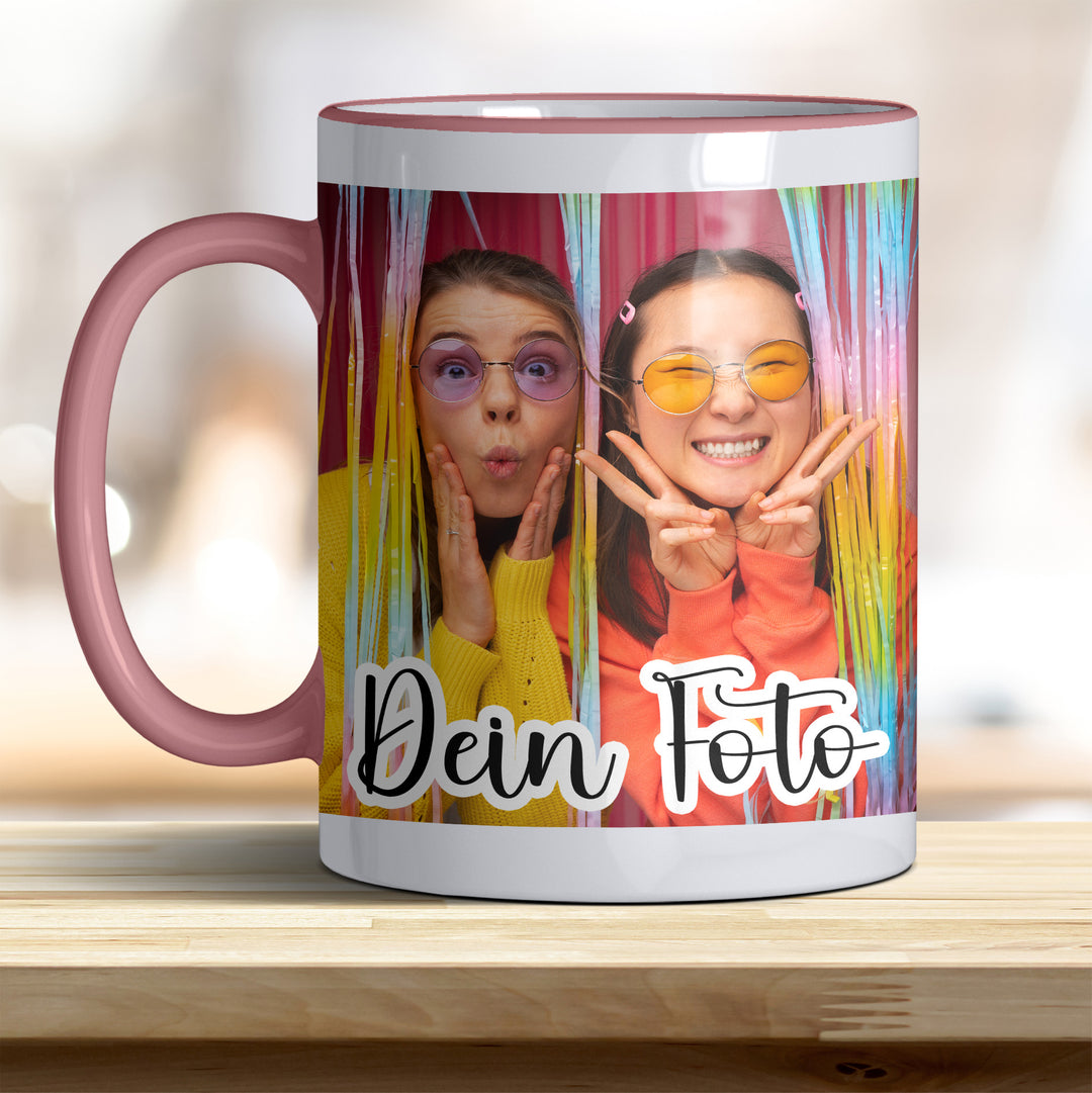 Personalisierbare Fototasse mit farbigem Henkel und Rand - rosa