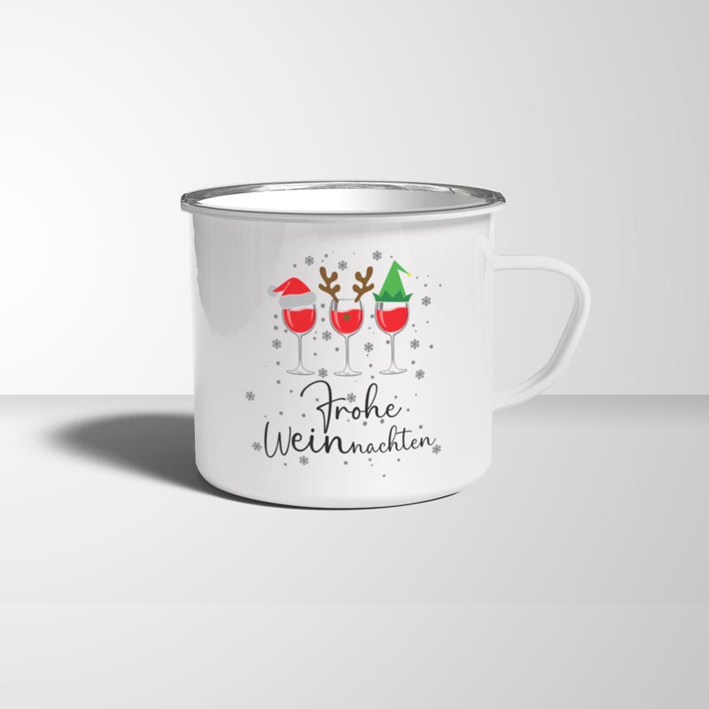 Frohe WEINnachten Wein nachten Emaille Becher weiß silberner Rand - all - yours24