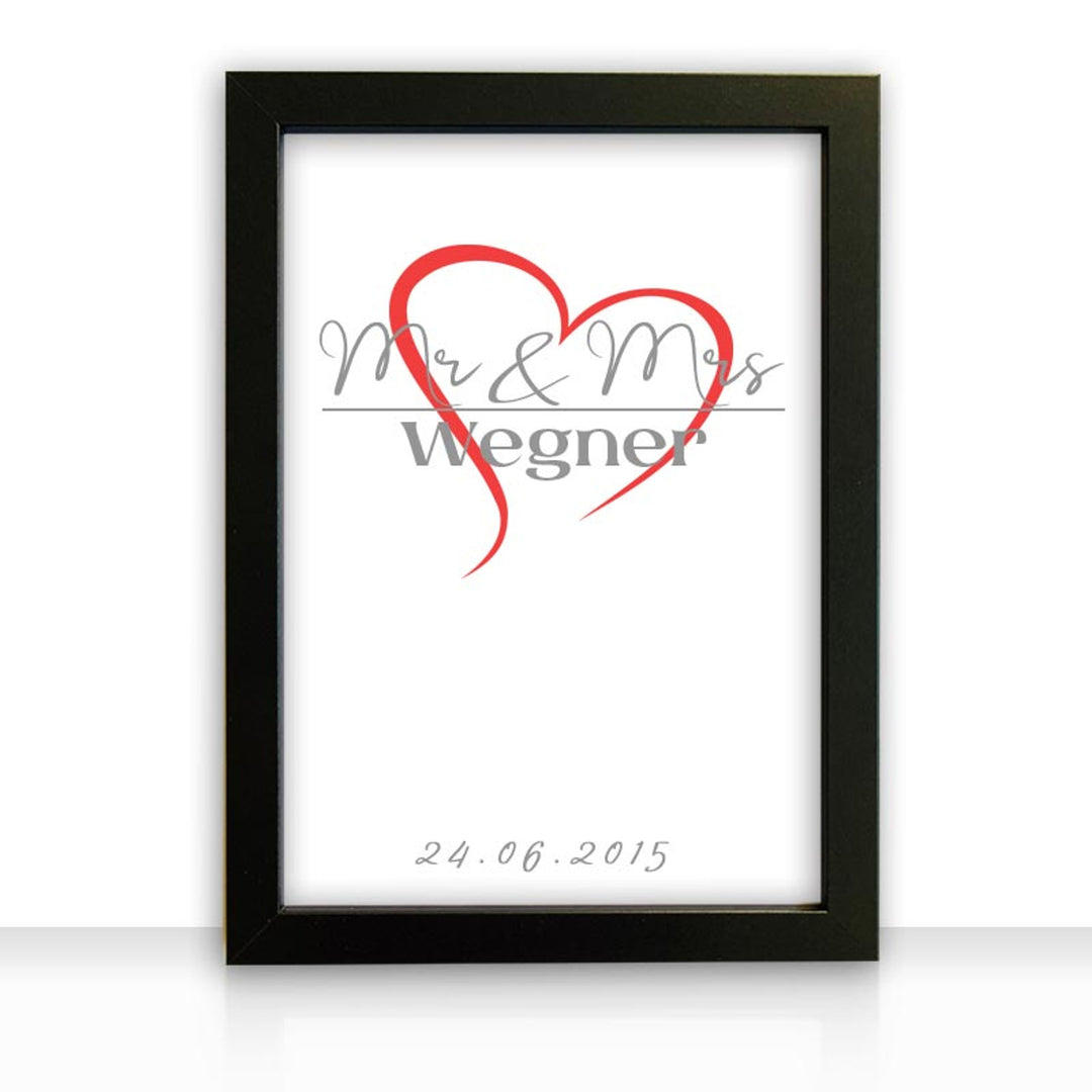 Kunstdruck Poster Bild Mr & Mrs III mit edlem schwarzen Bilderrahmen personalisiert Name Datum