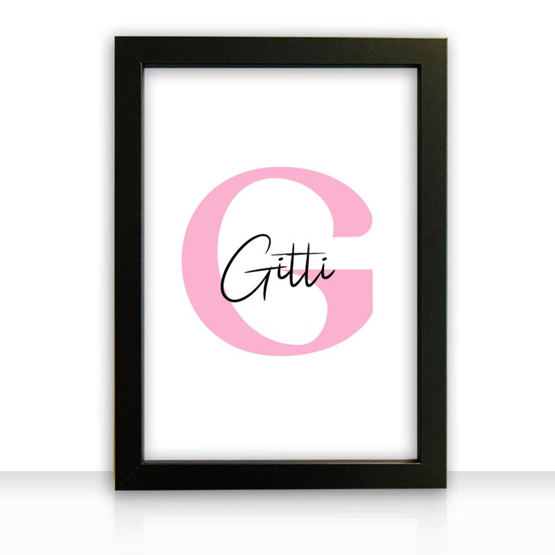 Kunstdruck Poster Bild ANFANGSBUCHSTABE rosa MIT NAMEN in edlem schwarzen Bilderrahmen