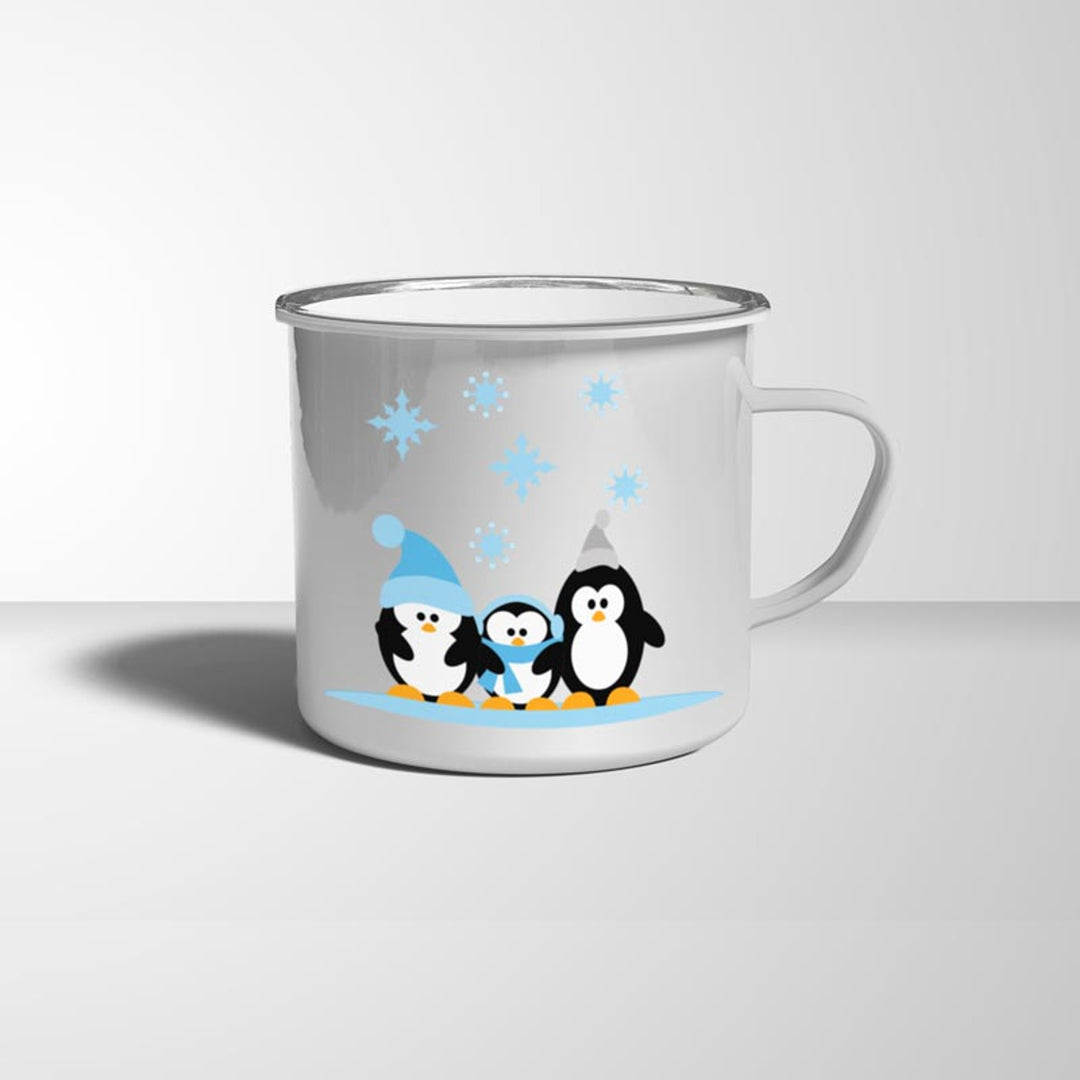 Pinguine im Schnee Emaille Becher weiß silberner Rand