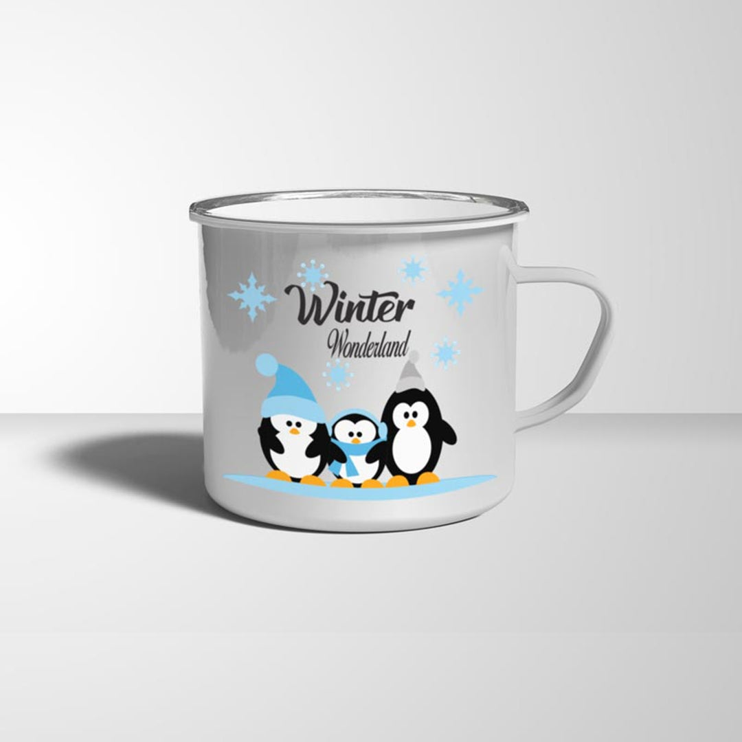 Pinguine Weihnachten Winter Wonderland Emaille Becher weiß silberner Rand