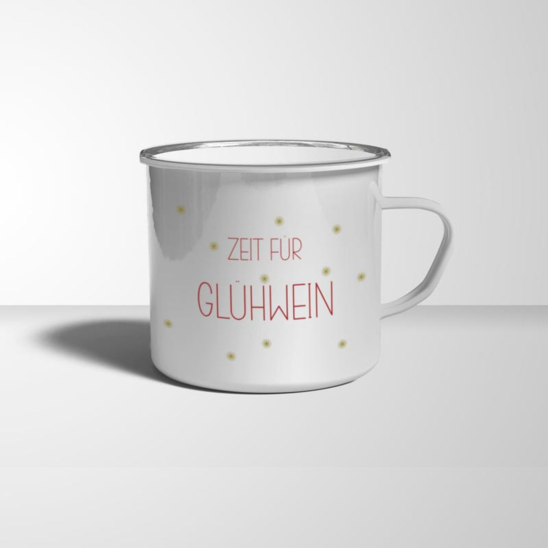 Zeit für Glühwein Emaille Becher weiß silberner Rand