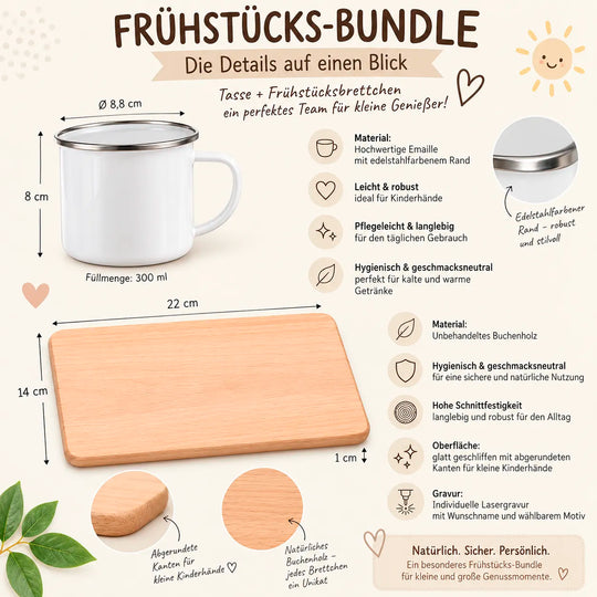 Frühstücks Bundle - Frühstücksbrettchen + Emaille Tasse personalisiert - Tier Aquarell