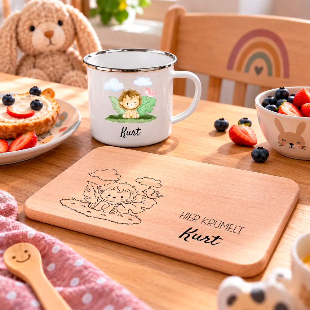 Frühstücks Bundle - Frühstücksbrettchen + Emaille Tasse personalisiert - Tier Aquarell