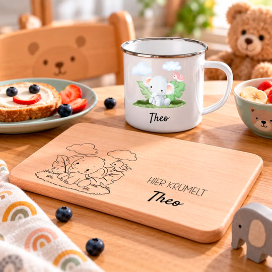Frühstücks Bundle - Frühstücksbrettchen + Emaille Tasse personalisiert - Tier Aquarell