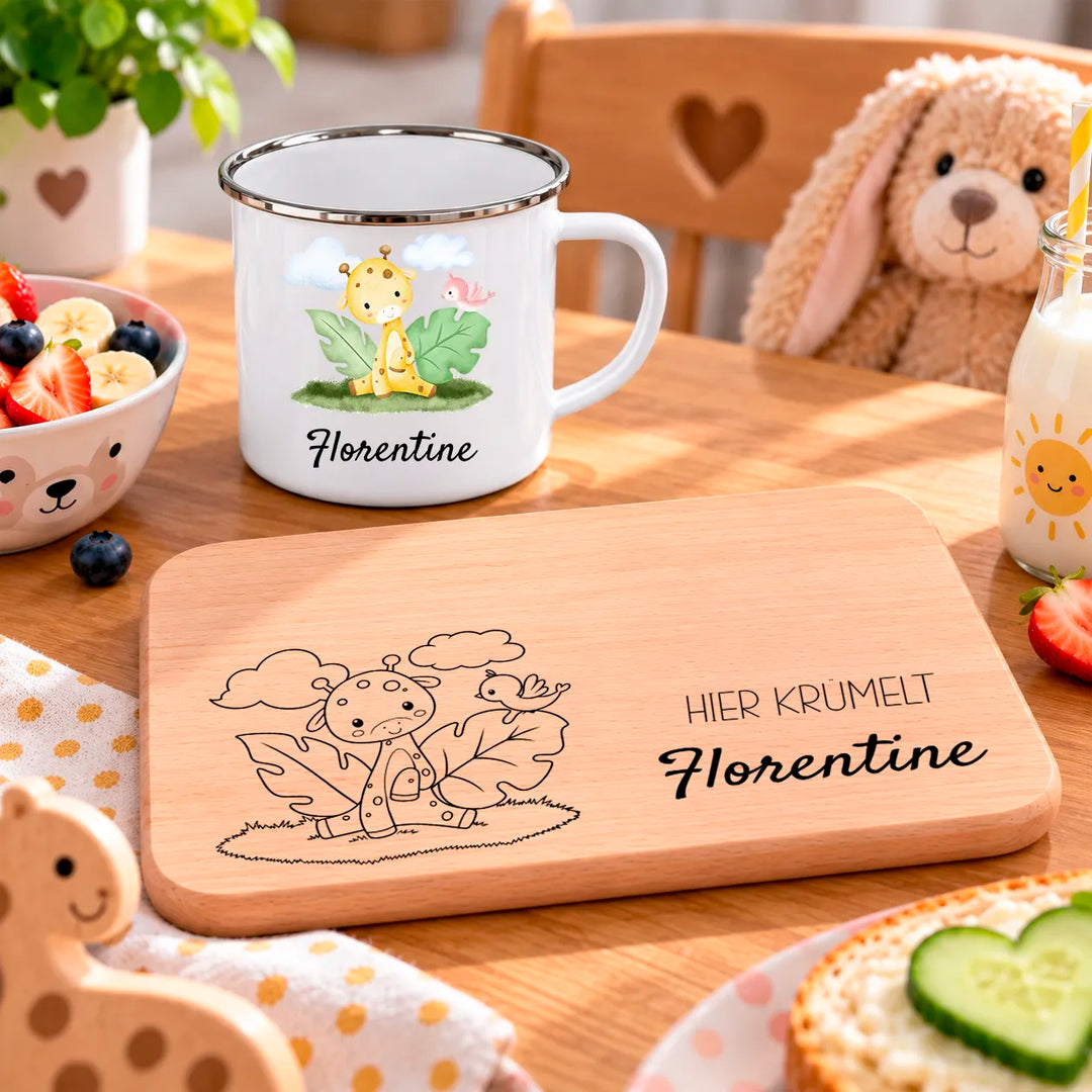 Frühstücks Bundle - Frühstücksbrettchen + Emaille Tasse personalisiert - Tier Aquarell