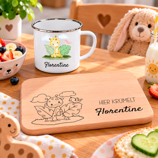 Frühstücks Bundle - Frühstücksbrettchen + Emaille Tasse personalisiert - Tier Aquarell