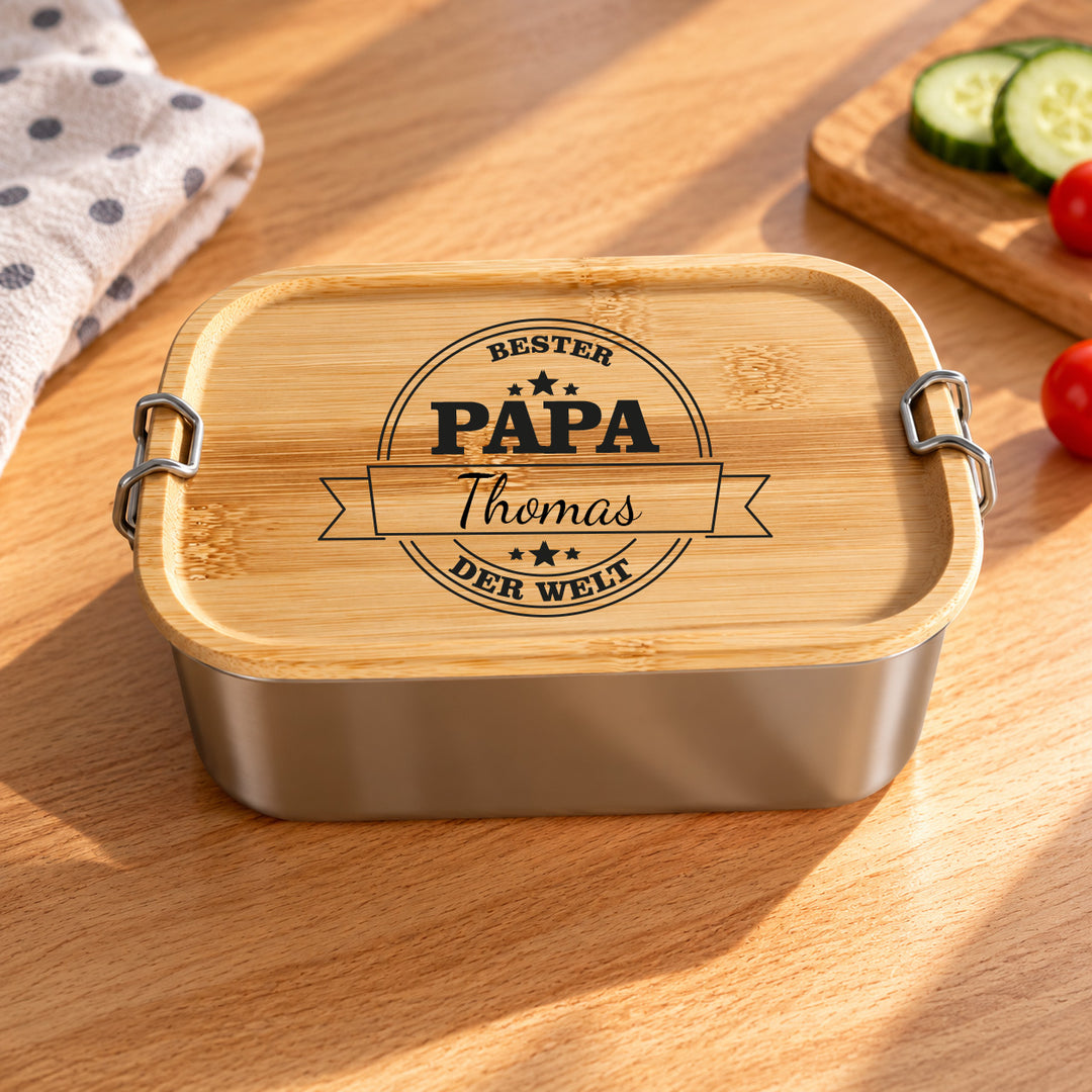 Brotdose personalisiert „Bester Papa der Welt“ mit Namen – Edelstahl Lunchbox mit graviertem Bambusdeckel