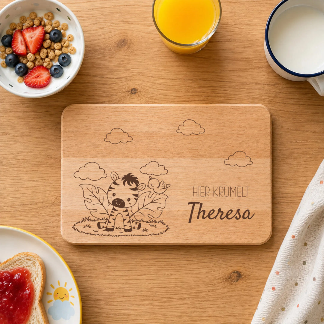 Frühstücksbrett Kinder personalisiert mit Tiermotiv Zebra  – Gravur