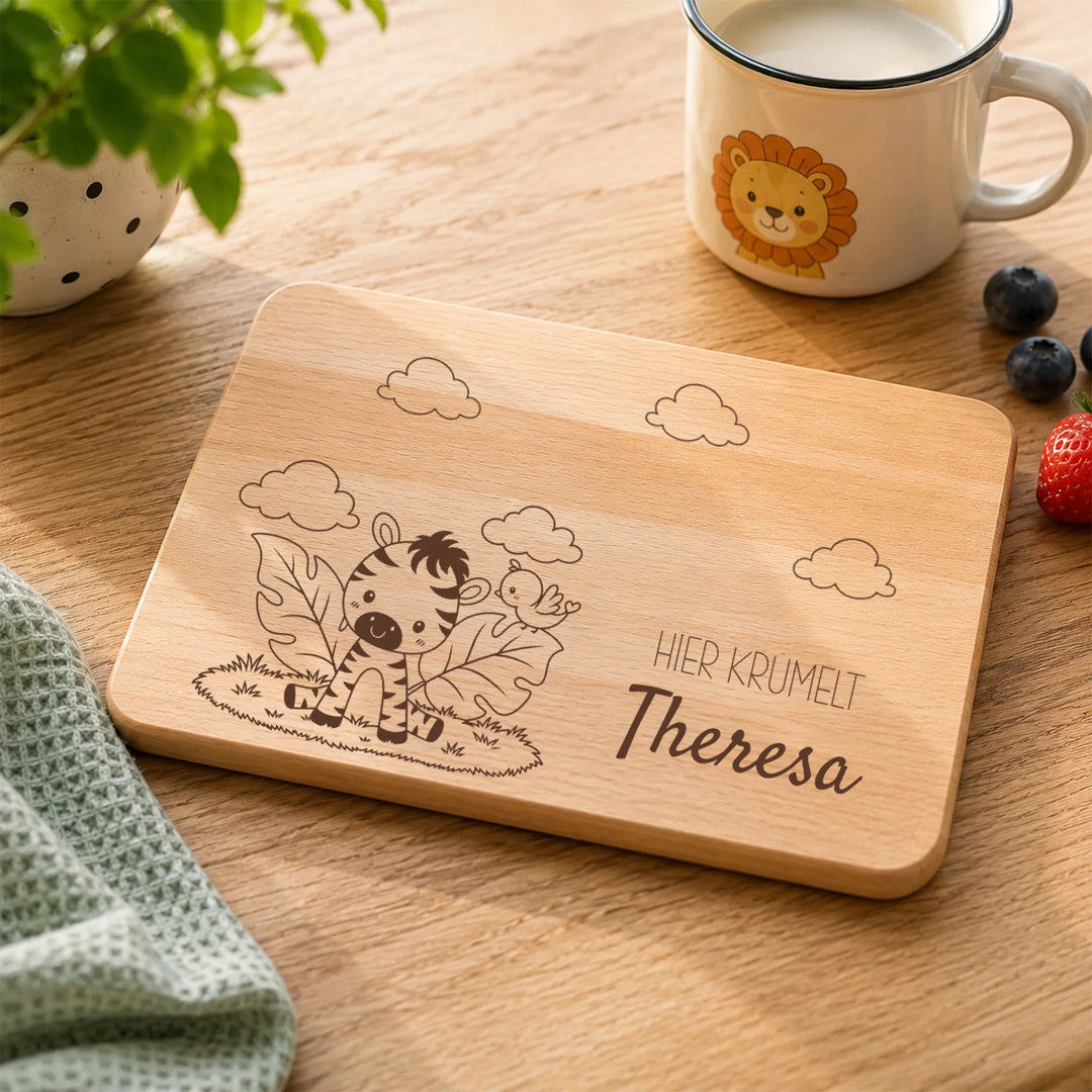 Frühstücksbrett Kinder personalisiert mit Tiermotiv Zebra  – Gravur