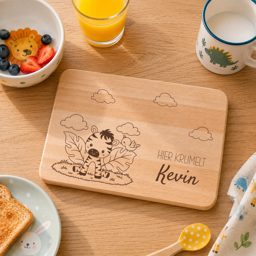 Frühstücksbrett Kinder personalisiert mit Tiermotiv Zebra  – Gravur