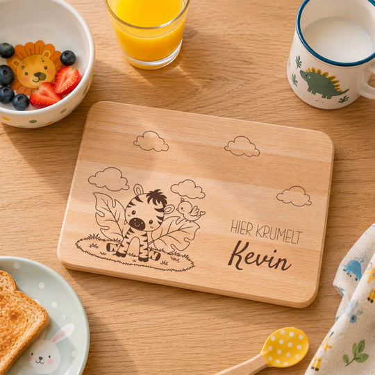 Frühstücksbrett Kinder personalisiert mit Tiermotiv Zebra  – Gravur