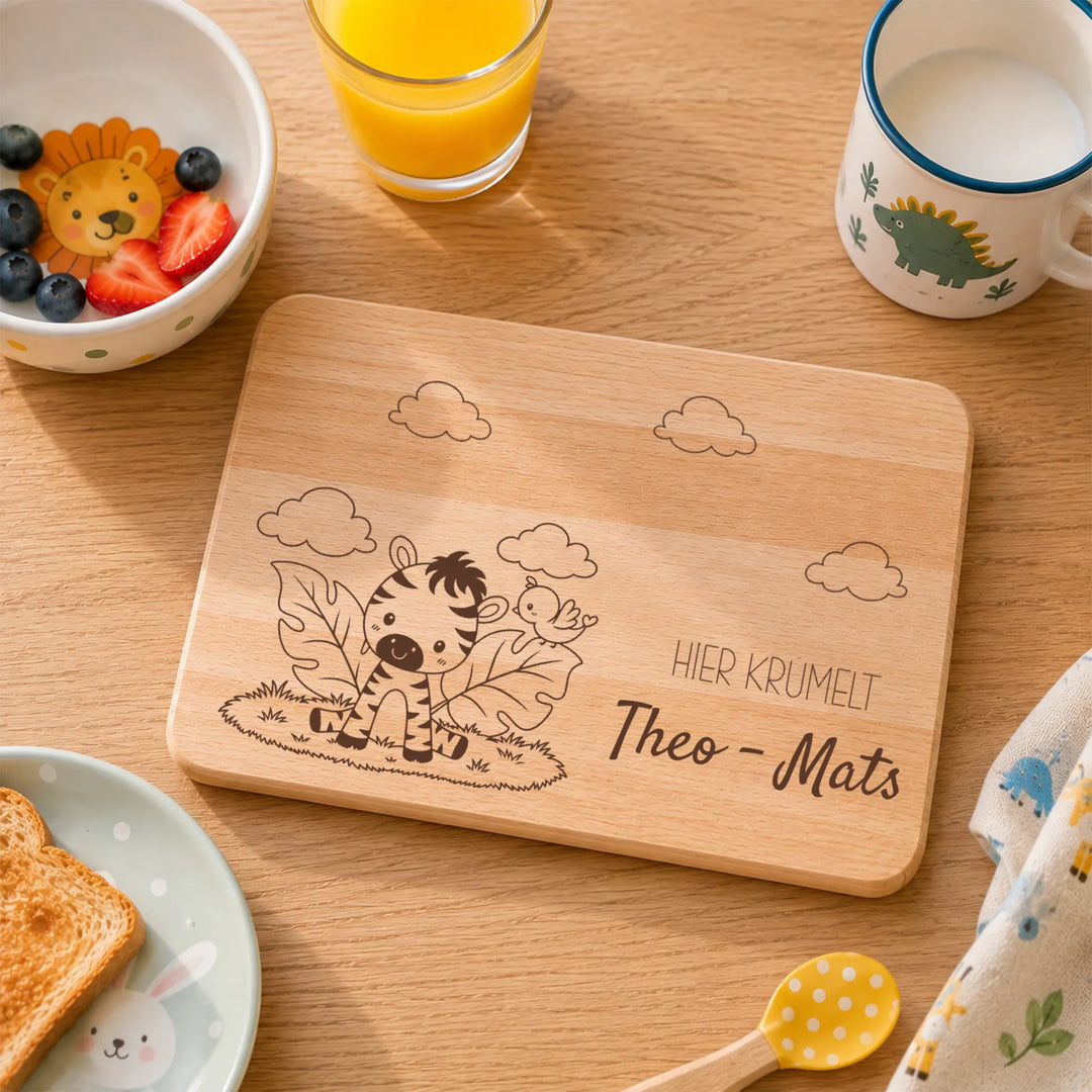 Frühstücksbrett Kinder personalisiert mit Tiermotiv Zebra  – Gravur