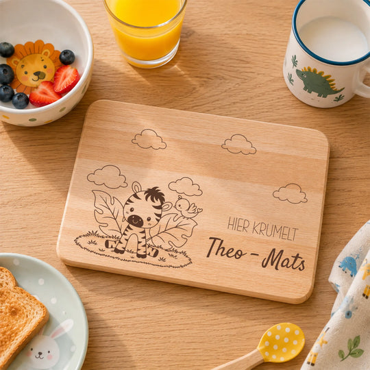 Frühstücksbrett Kinder personalisiert mit Tiermotiv Zebra  – Gravur