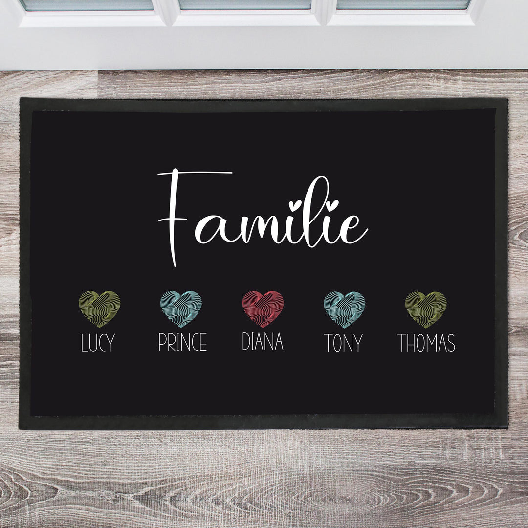 Familie mit bunten Herzen Fußmatte, Schmutzfangmatte, Fußmatte personalisiert, Türmatte, Personalisierte Fußmatte, Geschenk zum Einzug