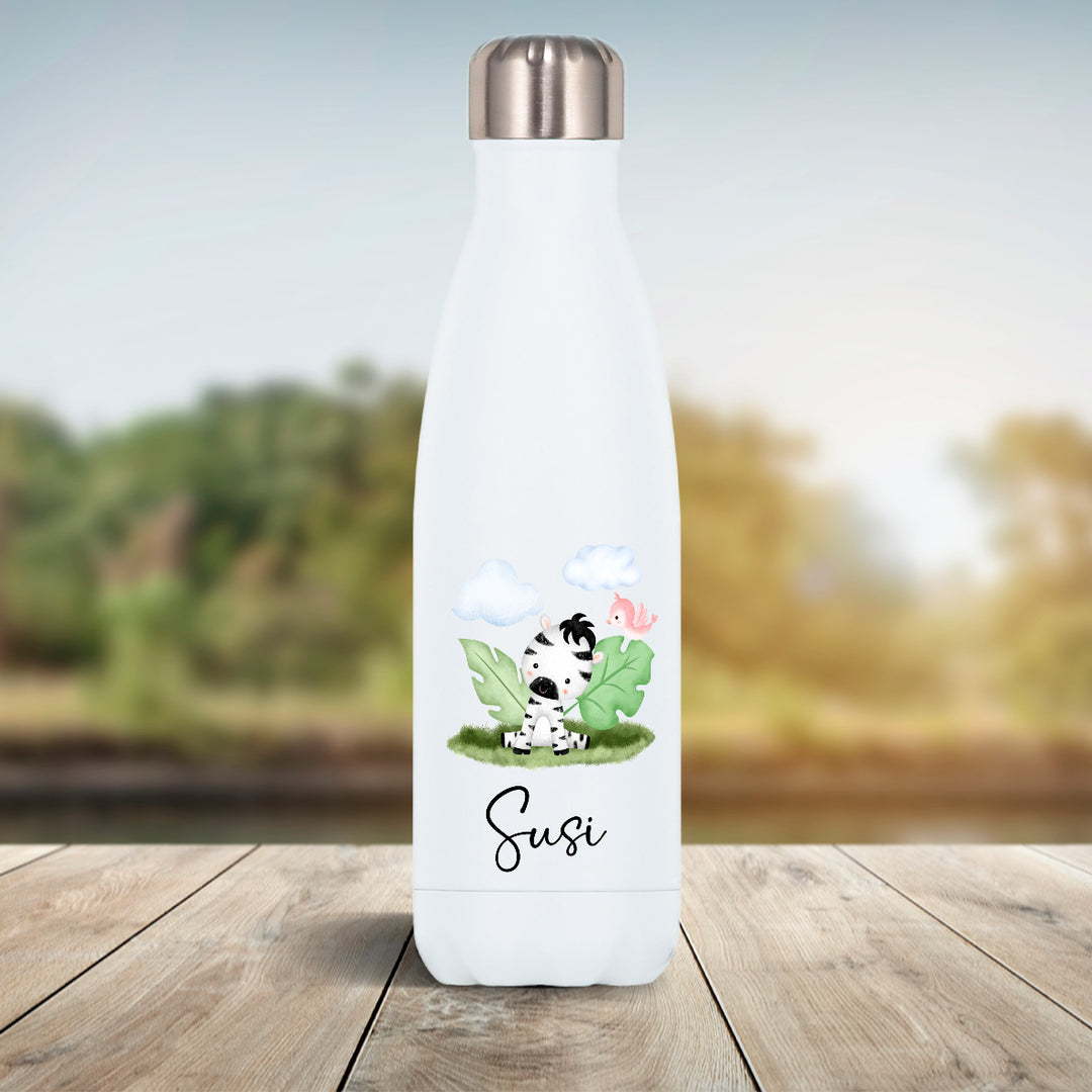 Edelstahl Trinkflasche mit niedlichem Zebra personalisiert mit Namen