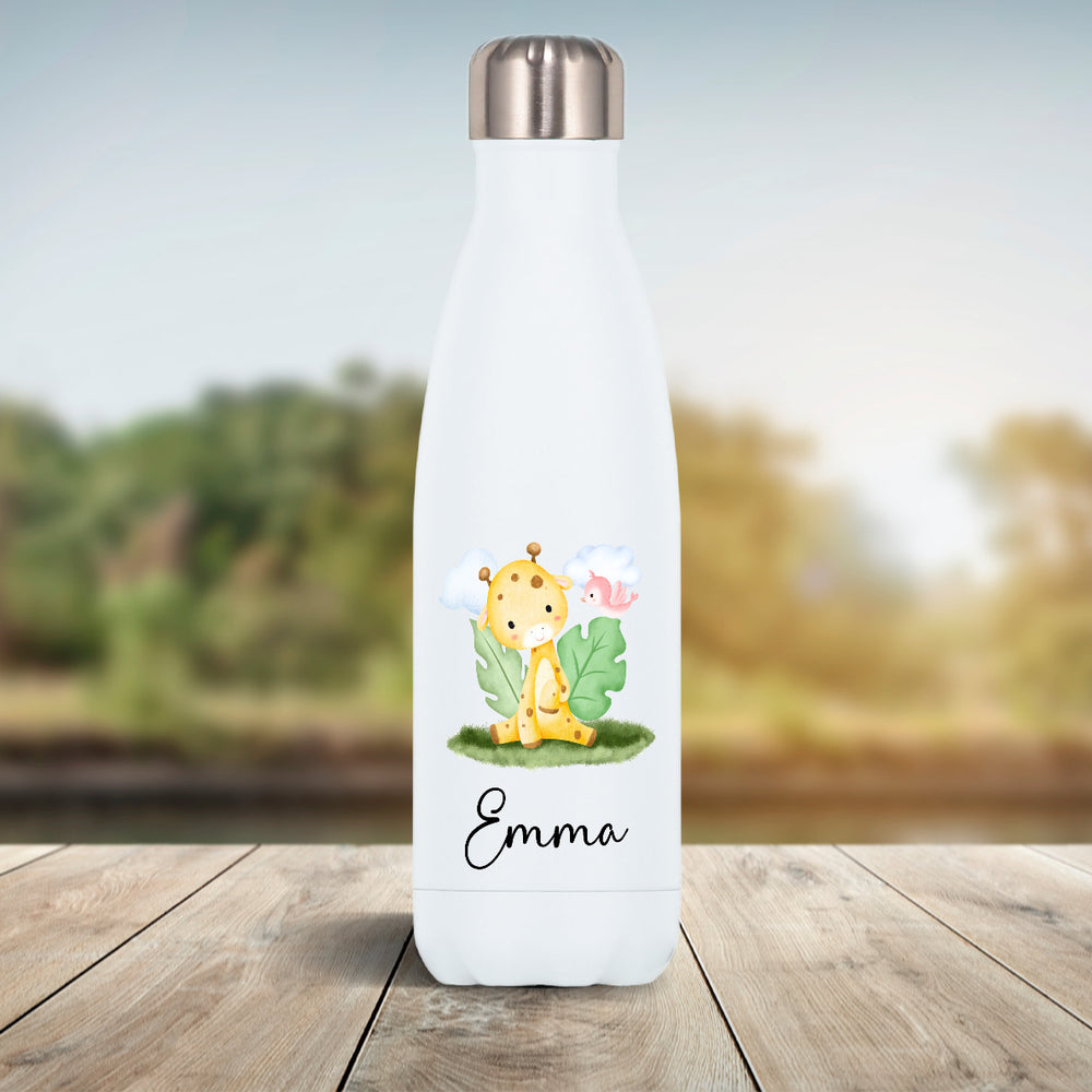 Edelstahl Trinkflasche mit niedlicher Giraffe personalisiert mit Namen