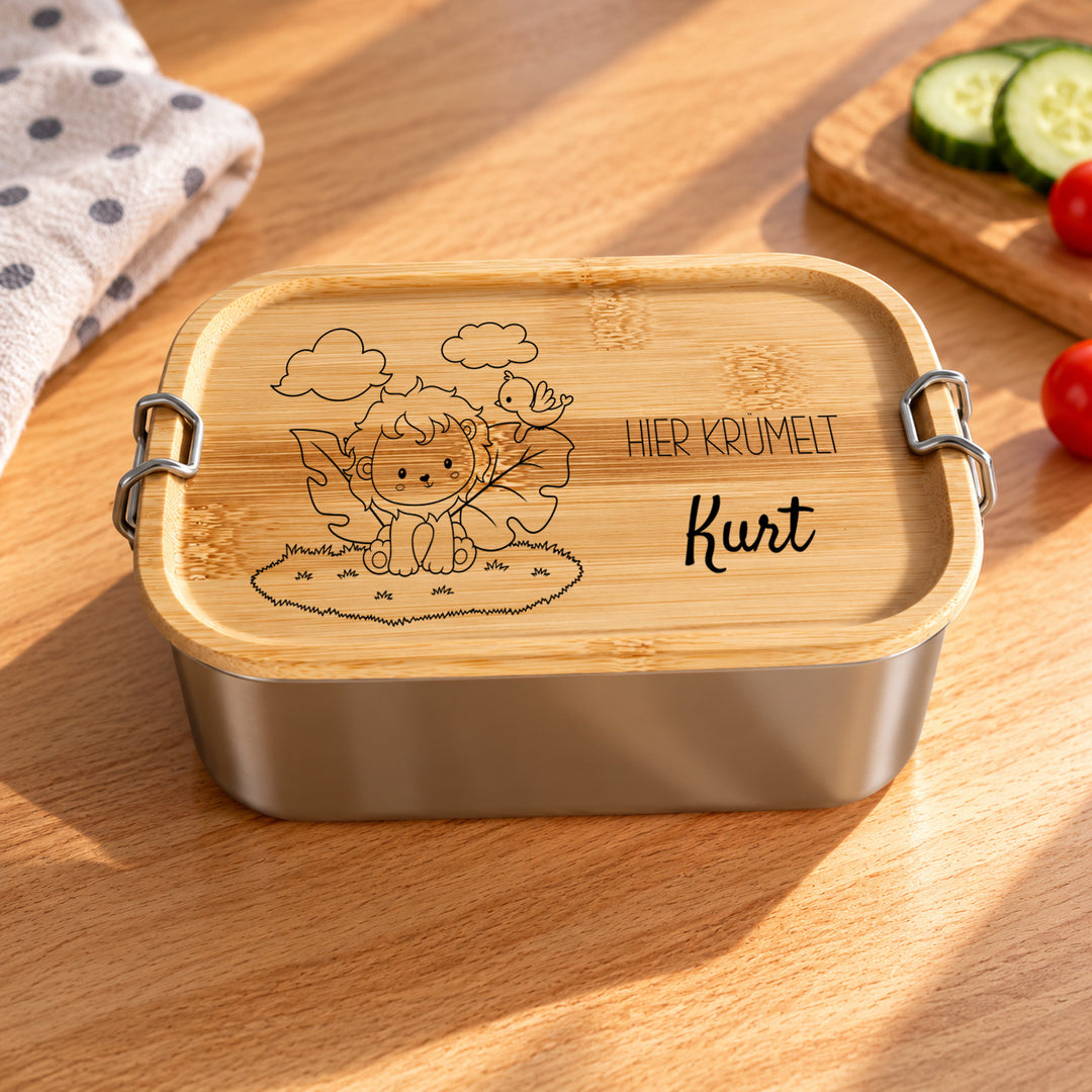 Brotdose Kinder personalisiert mit Namen &amp; Tiermotiv – Edelstahl Lunchbox mit graviertem Bambusdeckel
