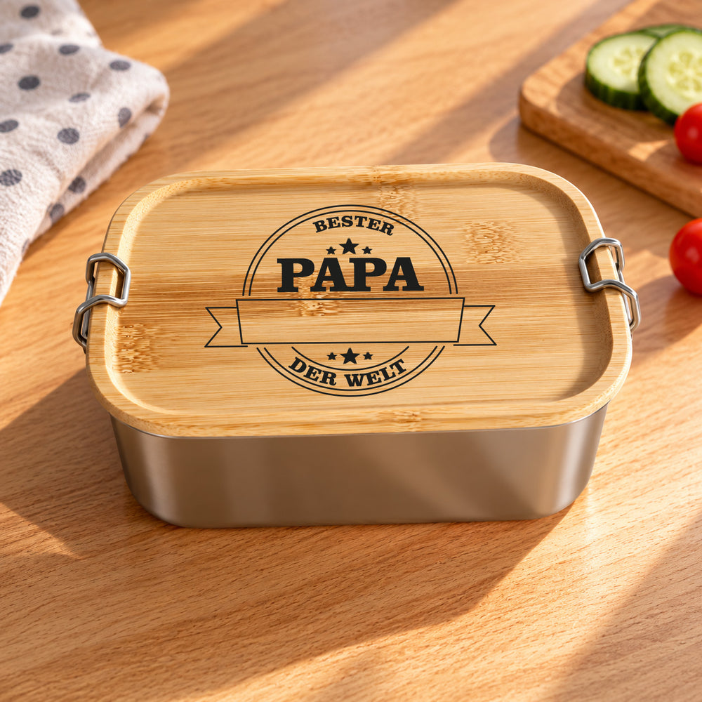 Brotdose personalisiert „Bester Papa der Welt“ mit Namen – Edelstahl Lunchbox mit graviertem Bambusdeckel