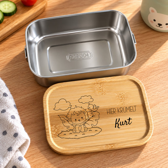 Brotdose Kinder personalisiert mit Namen &amp; Tiermotiv – Edelstahl Lunchbox mit graviertem Bambusdeckel