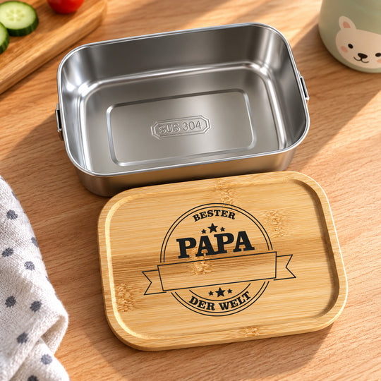 Brotdose personalisiert „Bester Papa der Welt“ mit Namen – Edelstahl Lunchbox mit graviertem Bambusdeckel