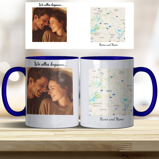 Personalisierte Tasse Wo alles begann – mit Foto, Karte & Namen