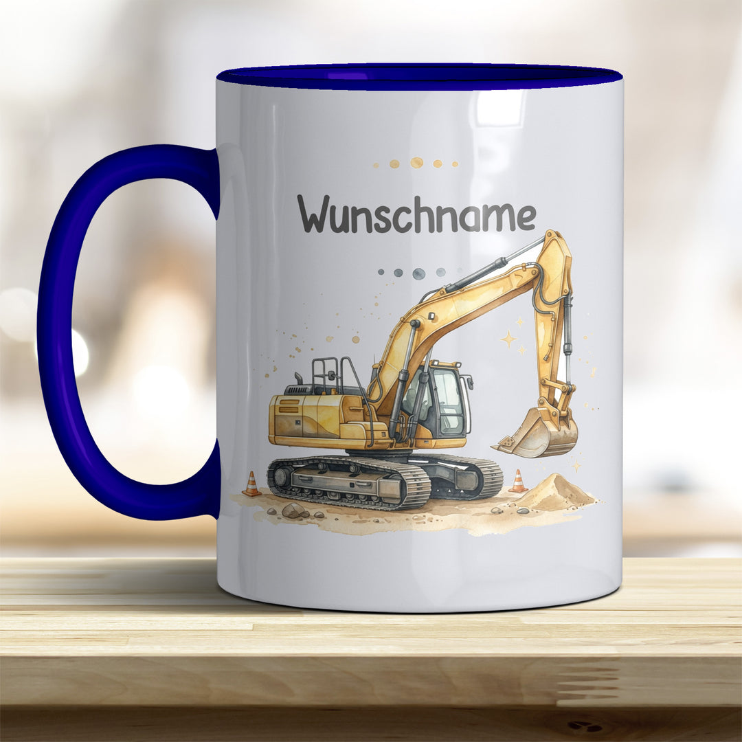 Kindertasse Bagger personalisierbar mit Namen in verschiedenen Farben