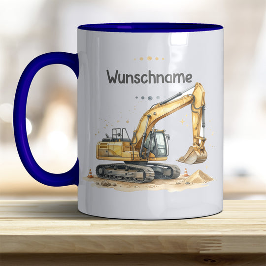 Kindertasse Bagger personalisierbar mit Namen in verschiedenen Farben