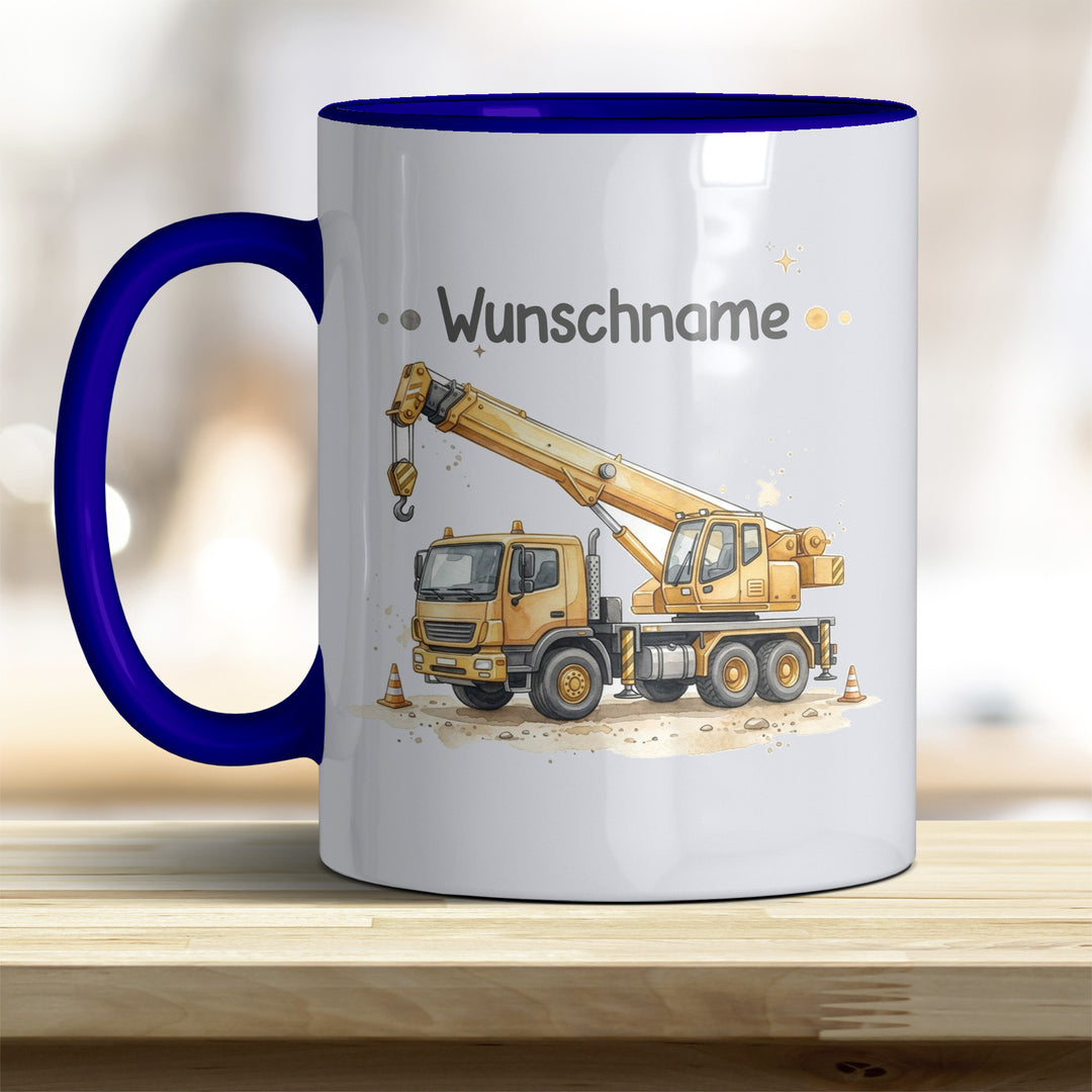 Kindertasse Kran personalisierbar mit Namen in verschiedenen Farben