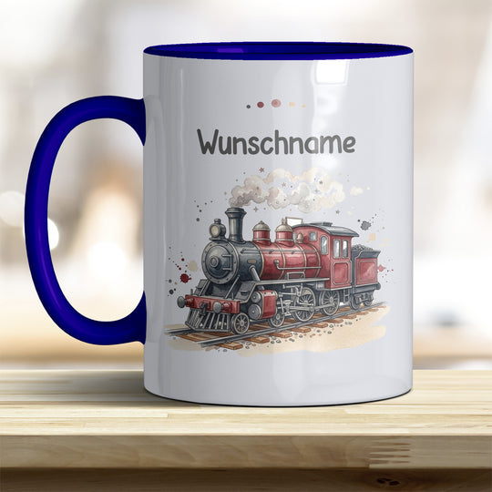 Kindertasse Dampflok personalisierbar mit Namen in verschiedenen Farben