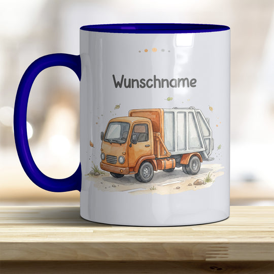 Kindertasse Müllauto personalisierbar mit Namen in verschiedenen Farben