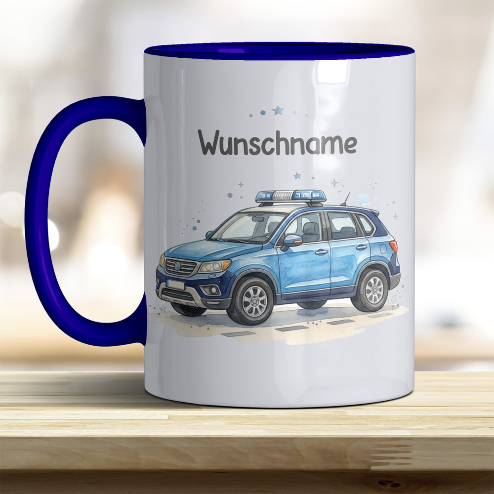 Kindertasse Polizeiauto personalisierbar mit Namen in verschiedenen Farben