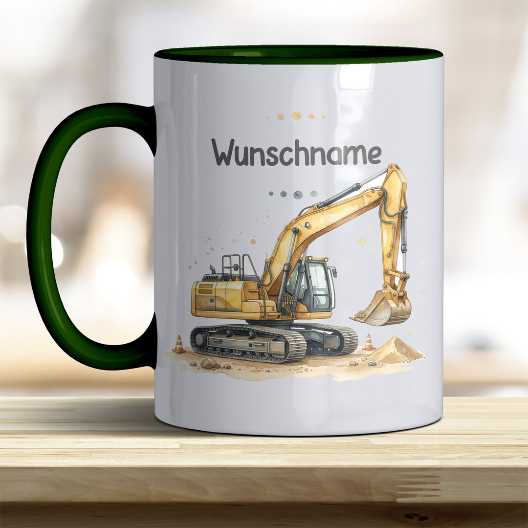 Kindertasse Bagger personalisierbar mit Namen in verschiedenen Farben