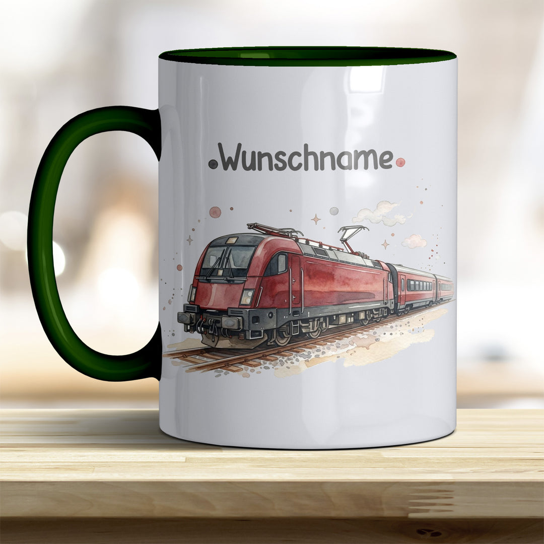 Kindertasse Zug personalisierbar mit Namen in verschiedenen Farben
