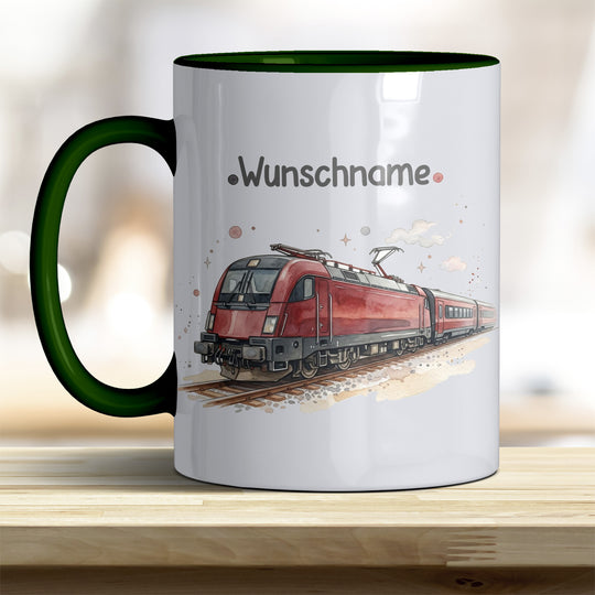Kindertasse Zug personalisierbar mit Namen in verschiedenen Farben