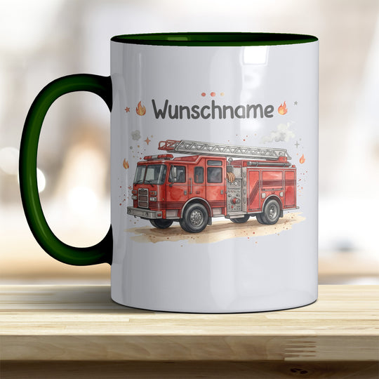 Kindertasse Feuerwehrauto personalisierbar mit Namen in verschiedenen Farben