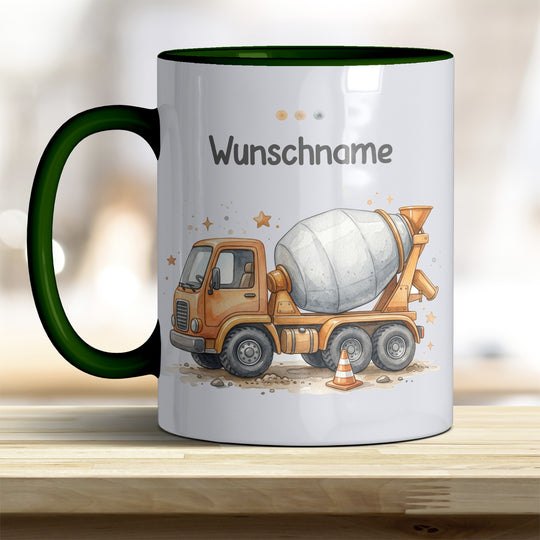 Kindertasse Betonmischer personalisierbar mit Namen in verschiedenen Farben