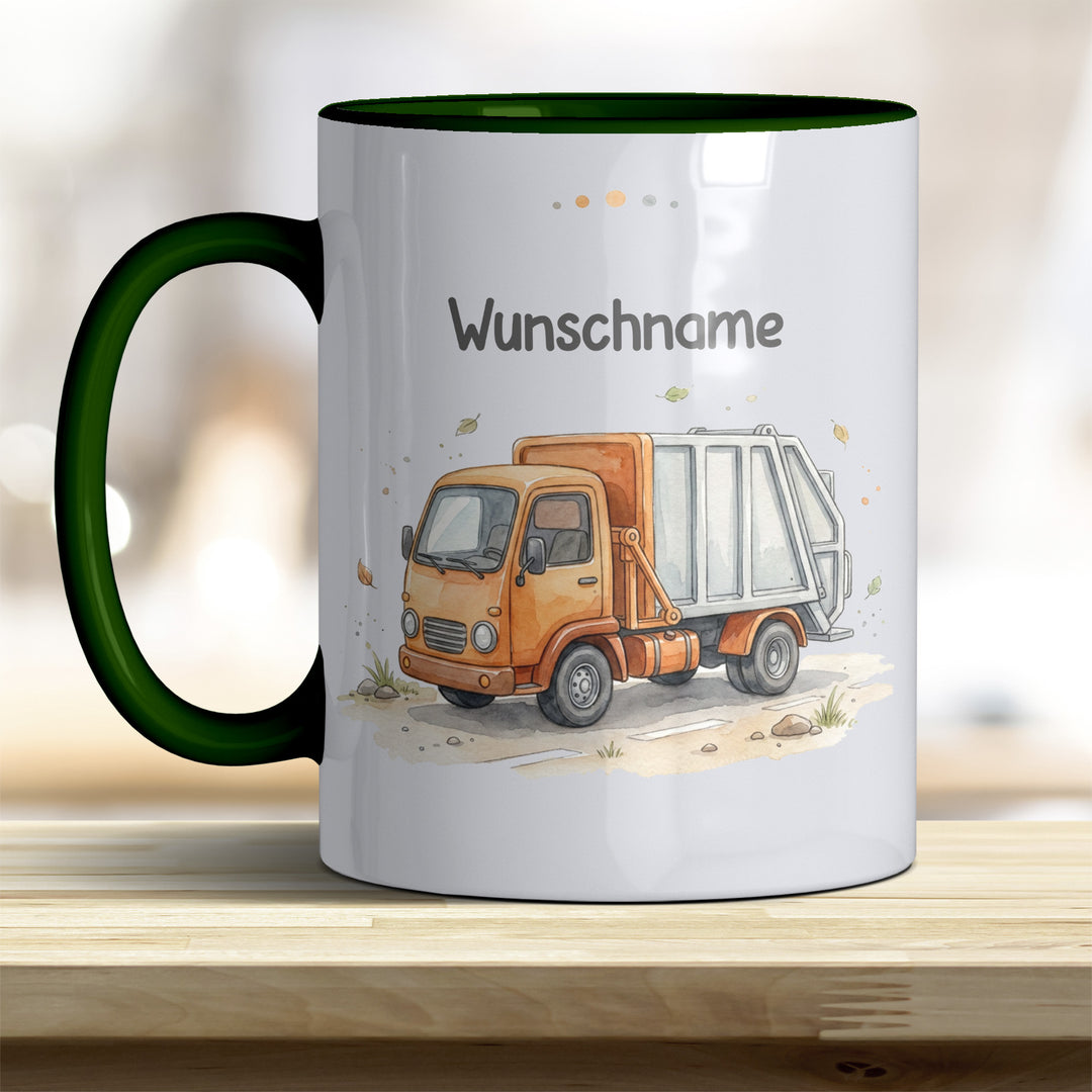Kindertasse Müllauto personalisierbar mit Namen in verschiedenen Farben