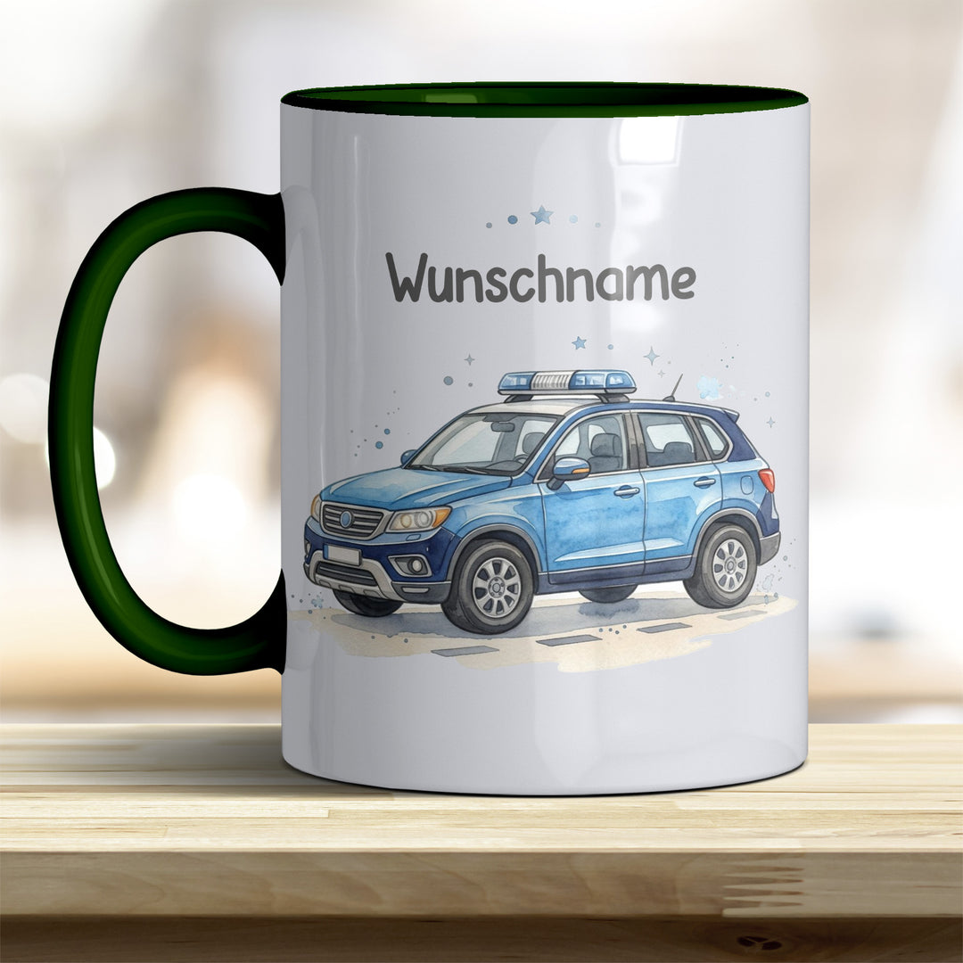 Kindertasse Polizeiauto personalisierbar mit Namen in verschiedenen Farben