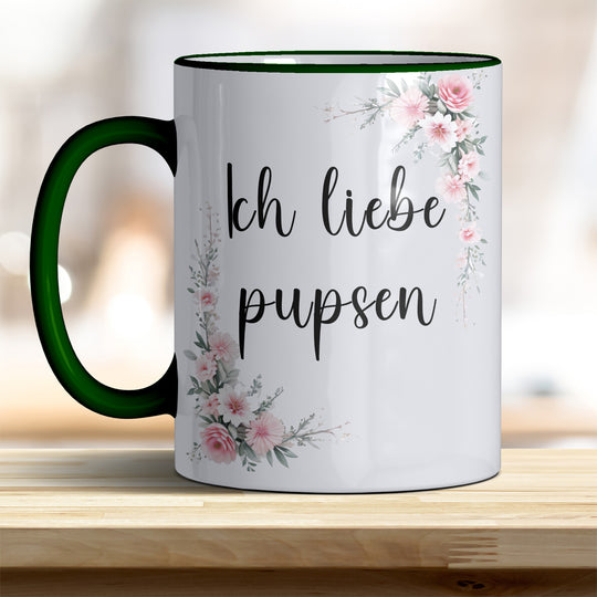 Ich liebe pupsen: Keramik-Kaffeebecher – Humorvoll & Hochwertig - Henkel Rand dunkelgrün