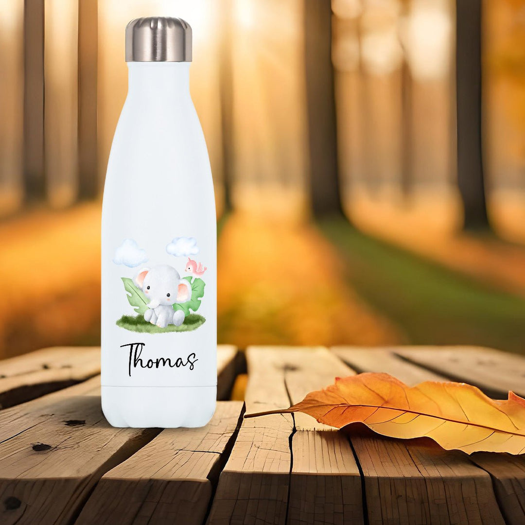 Edelstahl Trinkflasche mit niedlichem Elefant personalisiert mit Namen - all - yours24