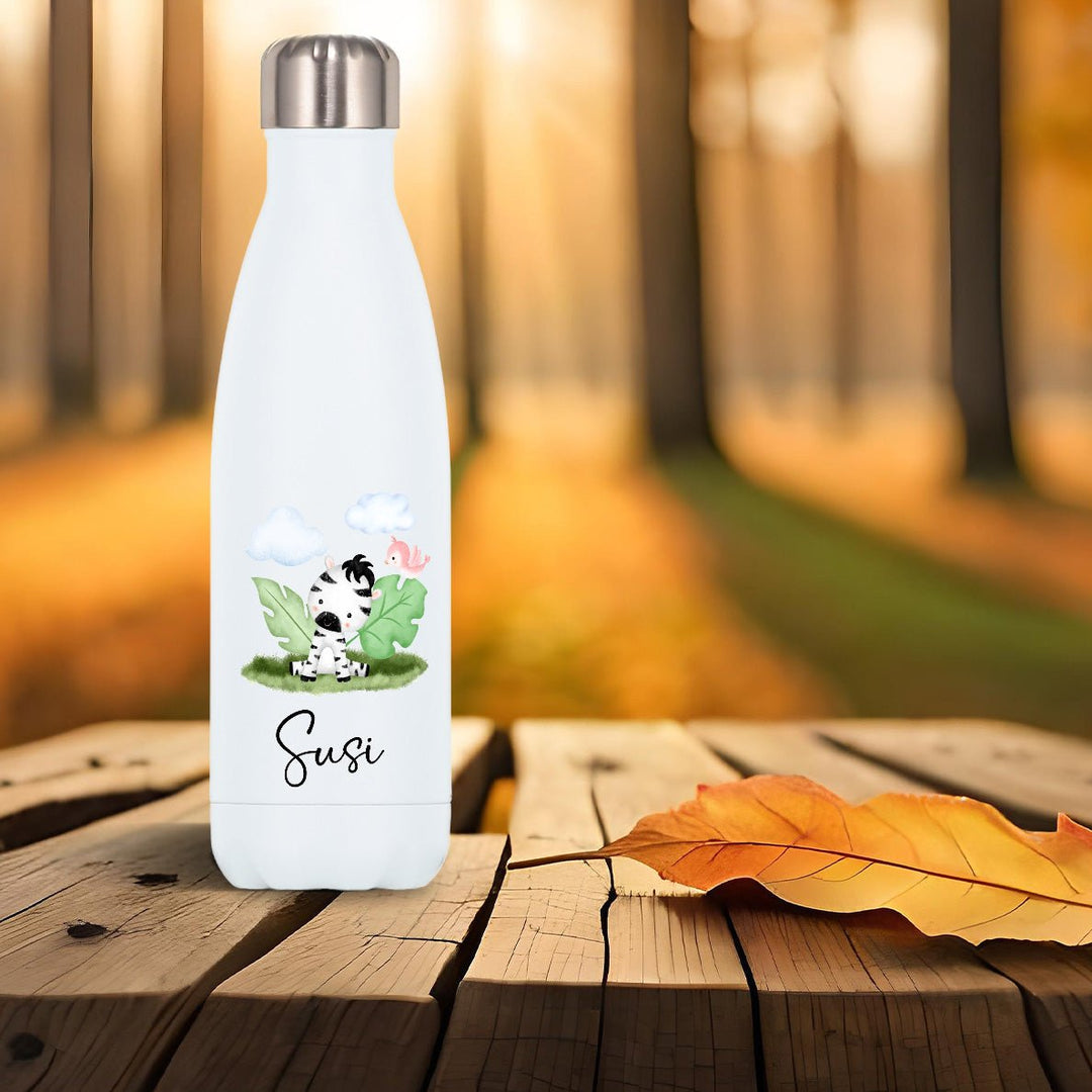 Edelstahl Trinkflasche mit niedlichem Zebra personalisiert mit Namen - all - yours24