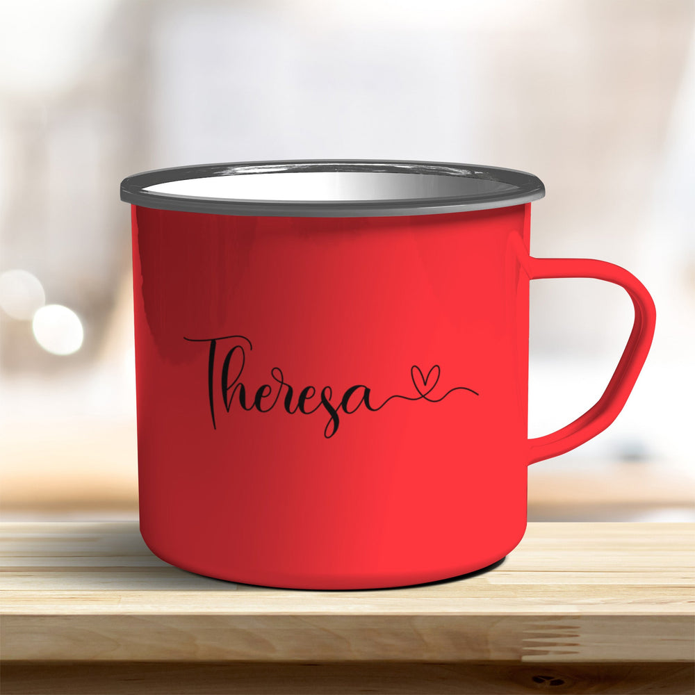 Emaille Becher mit Eurem Namen und Herz verschiedene Farben personalisiert - all - yours24