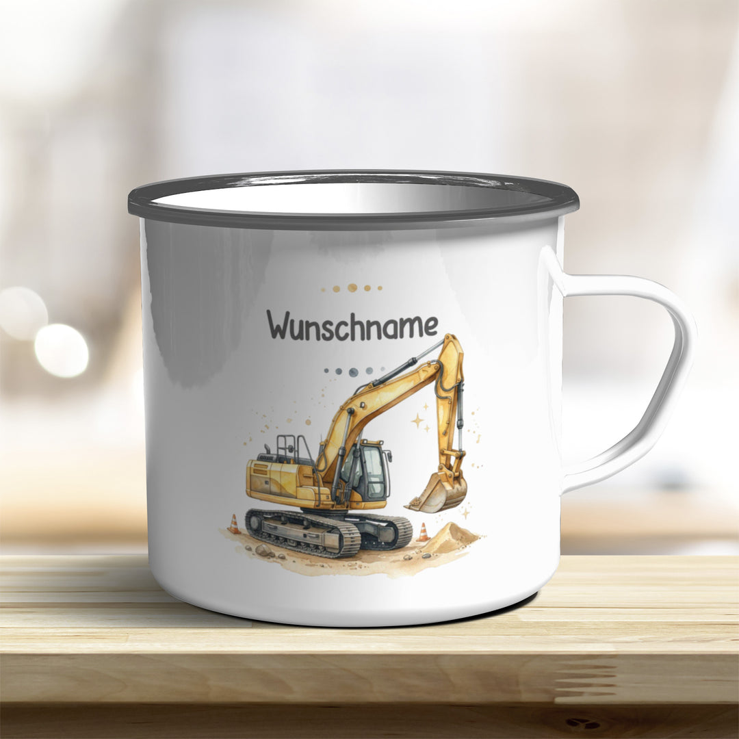 Emaillebecher Bagger personalisierbar mit Namen und Edelstahlrand