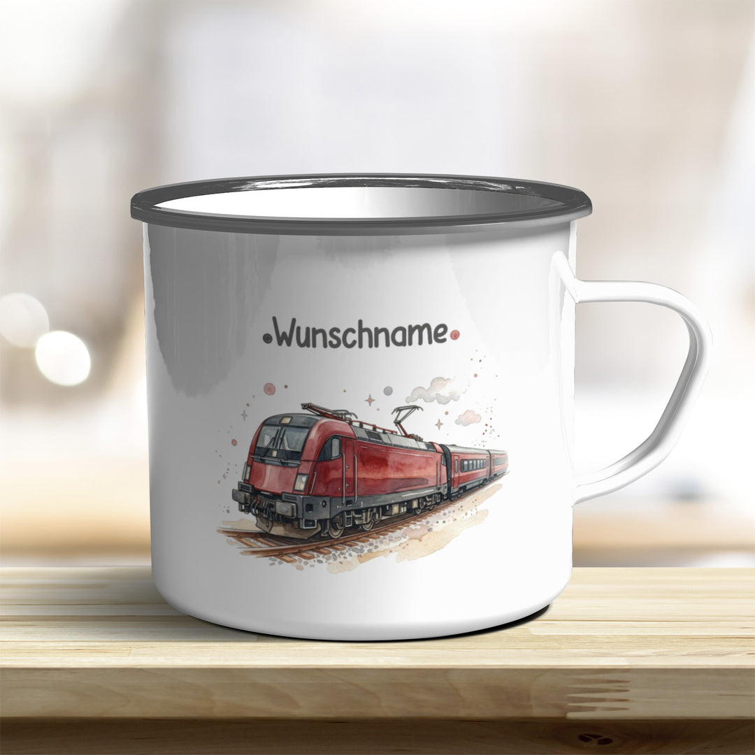Emaillebecher Zug personalisierbar mit Namen und Edelstahlrand