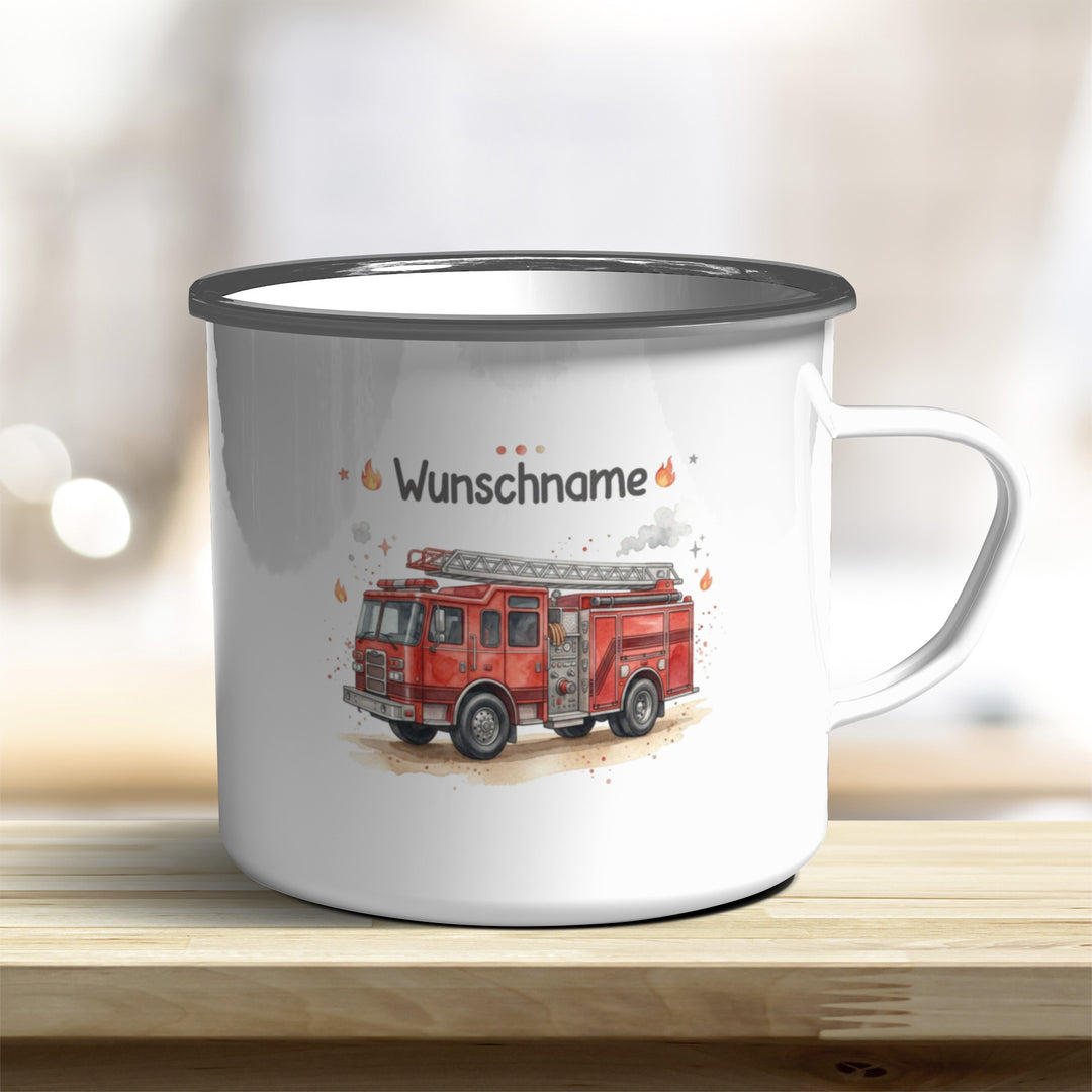 Emaillebecher Feuerwehrauto personalisierbar mit Namen und Edelstahlrand