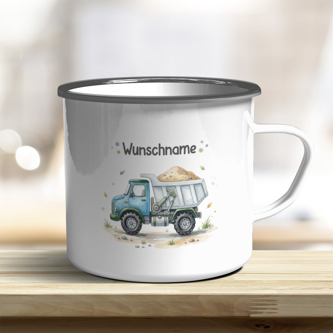 Emaillebecher LKW personalisierbar mit Namen und Edelstahlrand