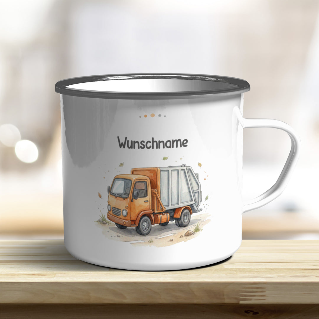 Emaillebecher Müllauto personalisierbar mit Namen und Edelstahlrand